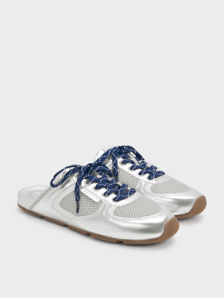 Metallic Mesh Lace-Up Slip-On Sneakers, Silver, hi-res