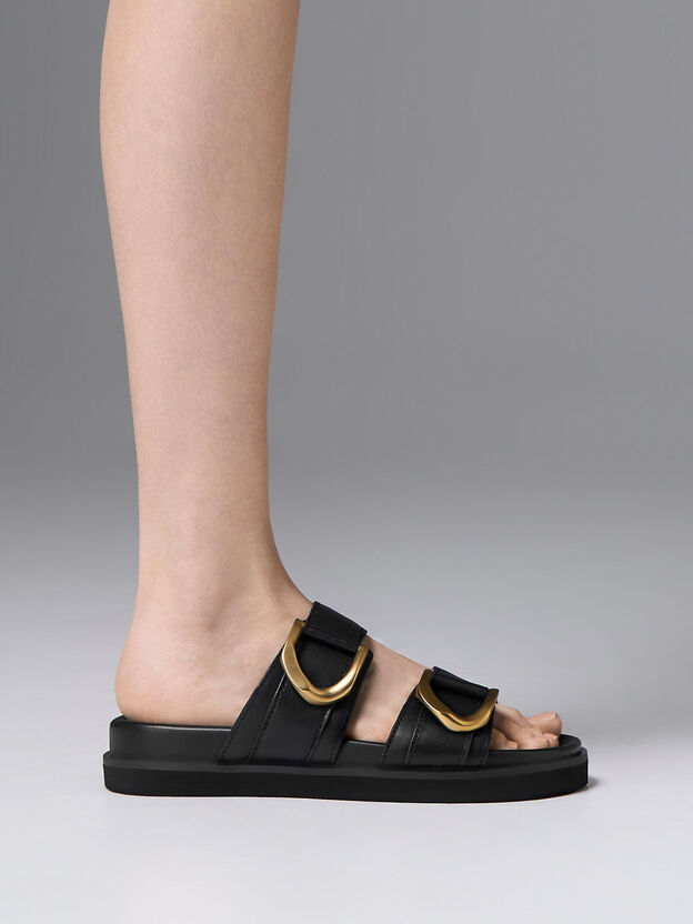 Gabine Gold-Buckle Leather Slides, Black, hi-res