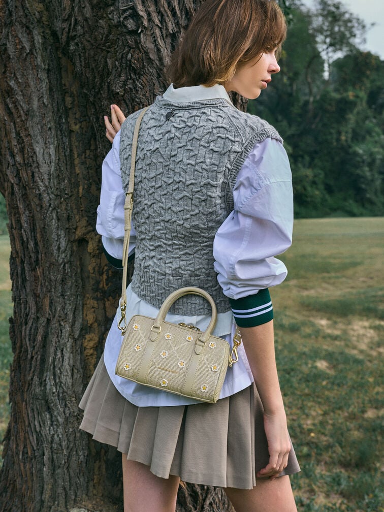 Philomena Raffia Flower Bowling Bag, Pale Olive, hi-res