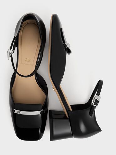 Leather Square-Toe D'Orsay Ankle-Strap Pumps, Black Box, hi-res