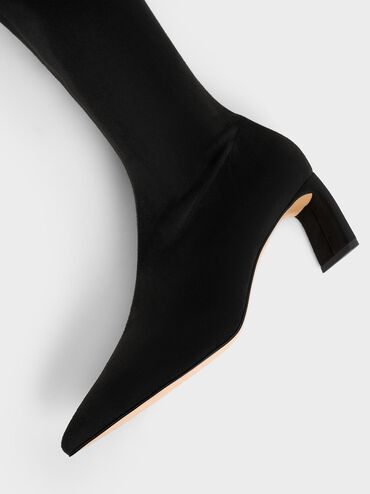Faux Suede Blade-Heel Pointed-Toe Calf Boots, Black Textured, hi-res