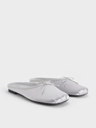 Satin Bow Flat Mules, Silver, hi-res