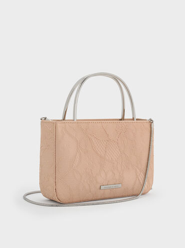 Jennis Lace & Satin Top Handle Bag, Nude Textured, hi-res
