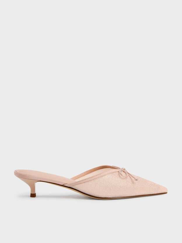Glittered Mesh Bow Kitten Heels, Pink, hi-res