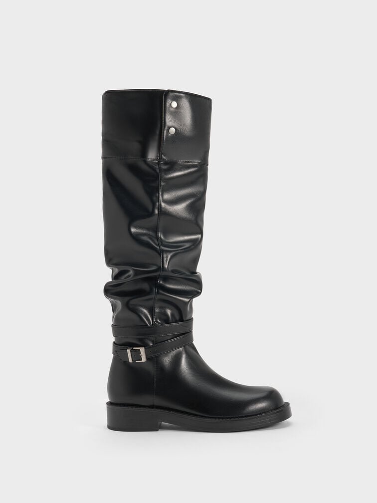 Ellis Ruched Buckled Fold-Over Thigh-High Boots, Black, hi-res