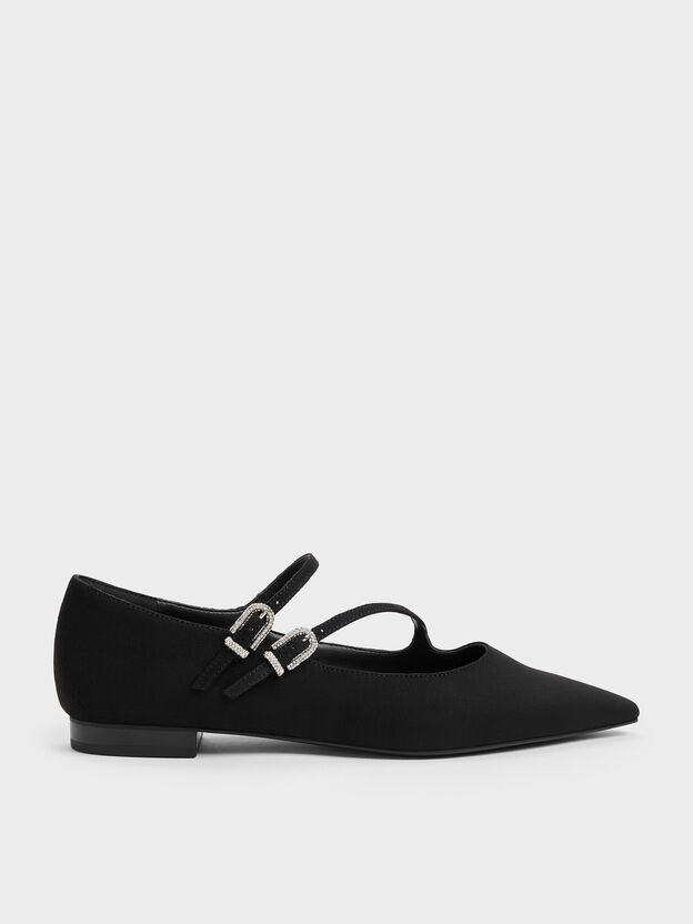 Faux Suede Crystal-Buckle Double-Strap Mary Janes, Black Textured, hi-res