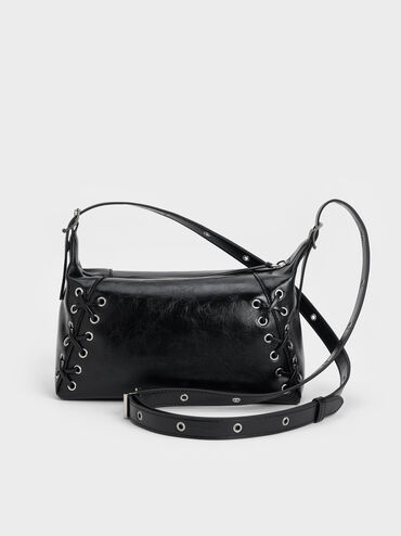 Xylia Grommet Lace-Up Shoulder Bag, Noir, hi-res