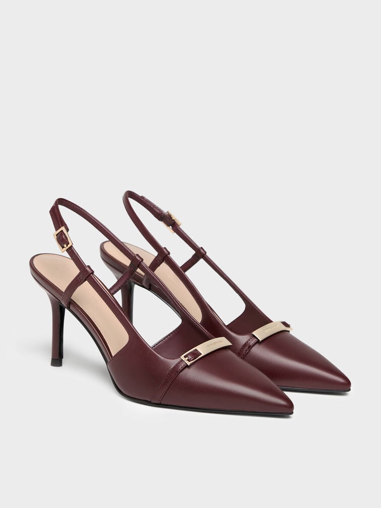 Metallic-Bar Pointed Slingback Pumps, Burgundy, hi-res