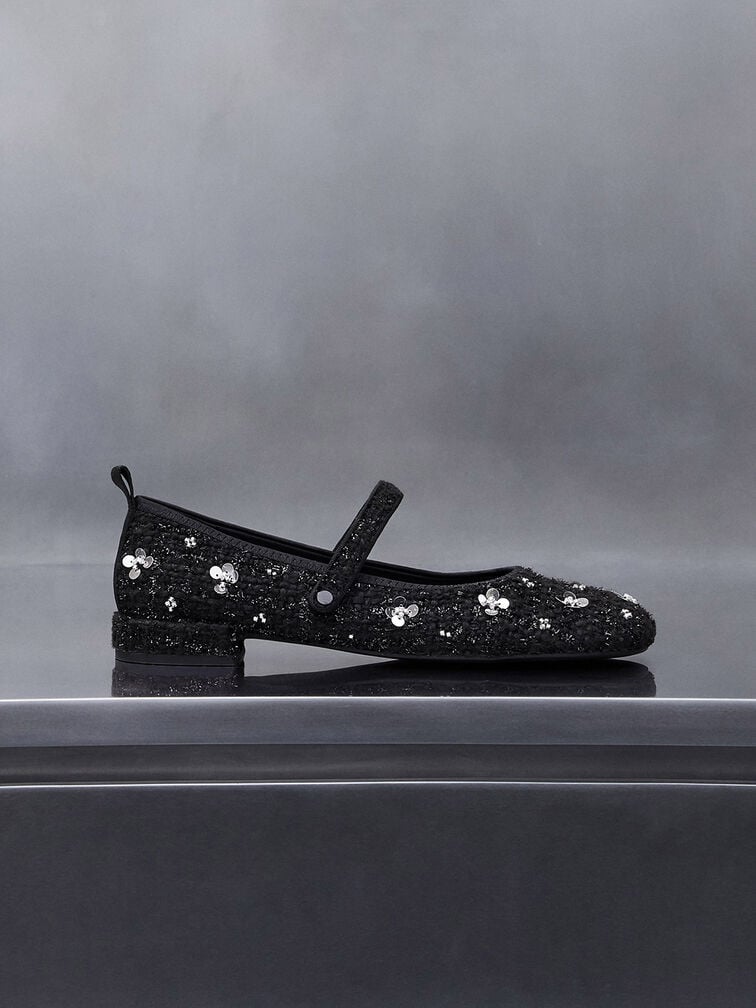Tweed Flower-Embellished Mary Janes, Black Textured Tweed Flower-Embellished Mary Janes, Black Textured, hi-res