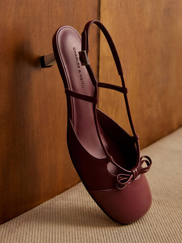 Patent Cap-Toe Bow Slingback Pumps, Burgundy, hi-res
