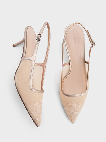 Mesh & Lace Pointed-Toe Slingback Pumps, Nude, hi-res