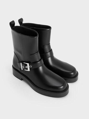 Buckle-Strap Biker Boots, Black, hi-res