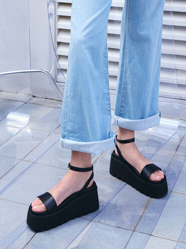 Ridged-Sole Ankle-Strap Flatform Sandals, Black, hi-res