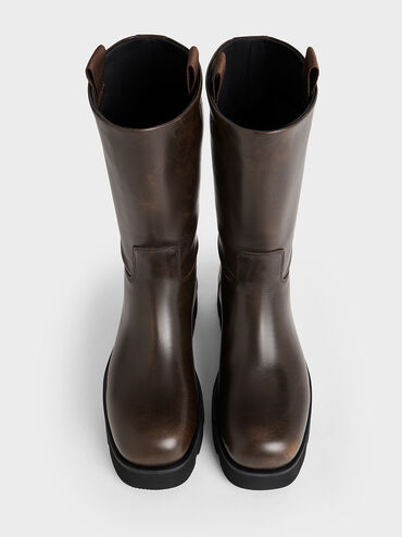 Double Pull-Tab Calf Boots, Dark Brown, hi-res