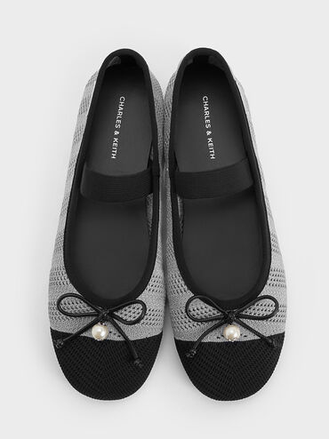 Knitted Pearl-Accent Bow Ballet Flats, Silver, hi-res