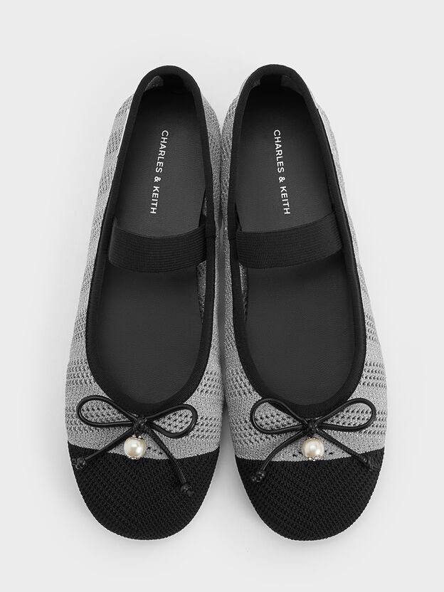 Knitted Pearl-Accent Bow Ballet Flats, Silver, hi-res