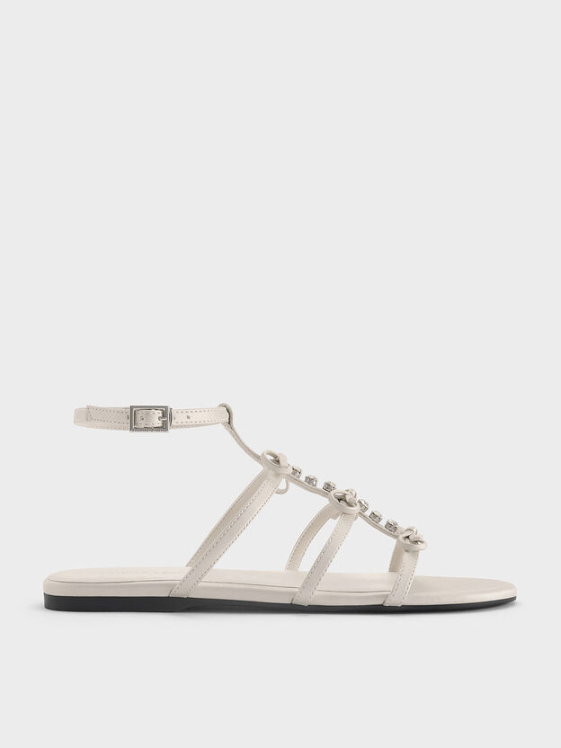 Gem-Embellished Bow T-Bar Sandals, White, hi-res