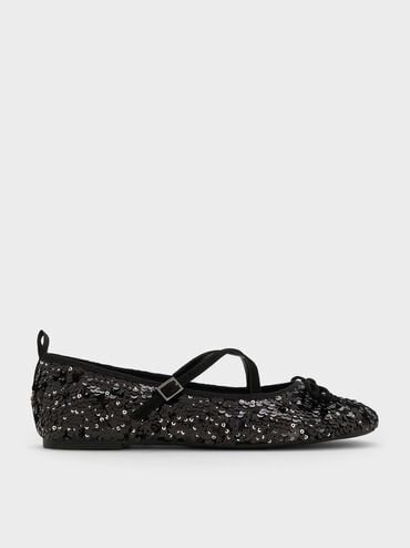 Sequinned Crossover Mary Jane Flats, Black Textured, hi-res