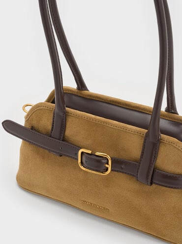 Victoria Recycled Suede Belted Elongated Shoulder Bag, Sahara Sand, hi-res
