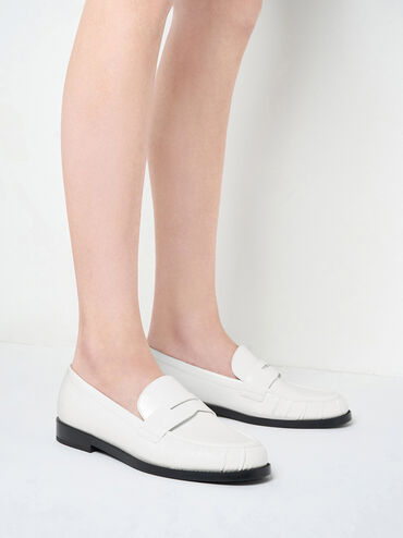 Ruched Penny Loafers, White, hi-res