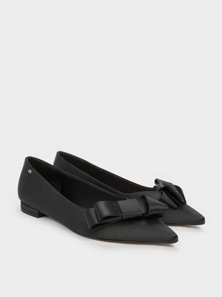 Pleated-Bow Pointed Ballet Flats, Black Textured, hi-res