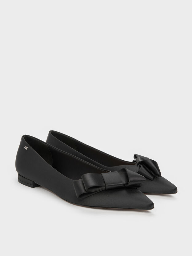 Pleated-Bow Pointed Ballet Flats, Black Textured, hi-res