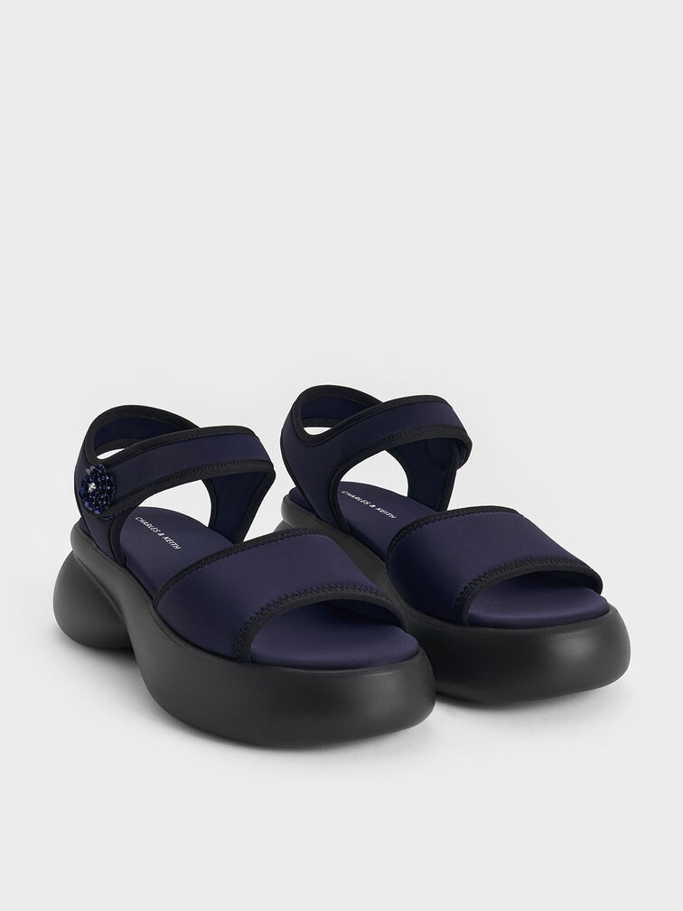 Flower-Buckle Platform Sports Sandals, Dark Blue, hi-res