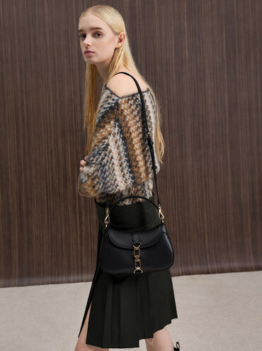 Agatha Chain-Accent Hobo Bag, Black, hi-res