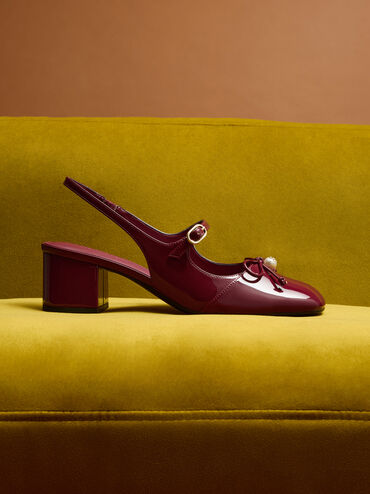 Patent Bow Crystal-Pearl Slingback Mary Jane Pumps, Burgundy, hi-res