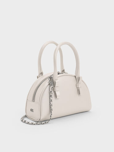 Leather Half-Moon Bowling Bag, White, hi-res
