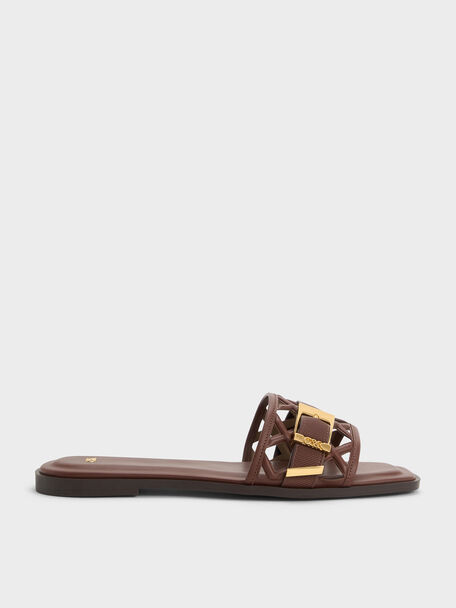 Whitney Leather Cut-Out Slide Sandals, Brown, hi-res