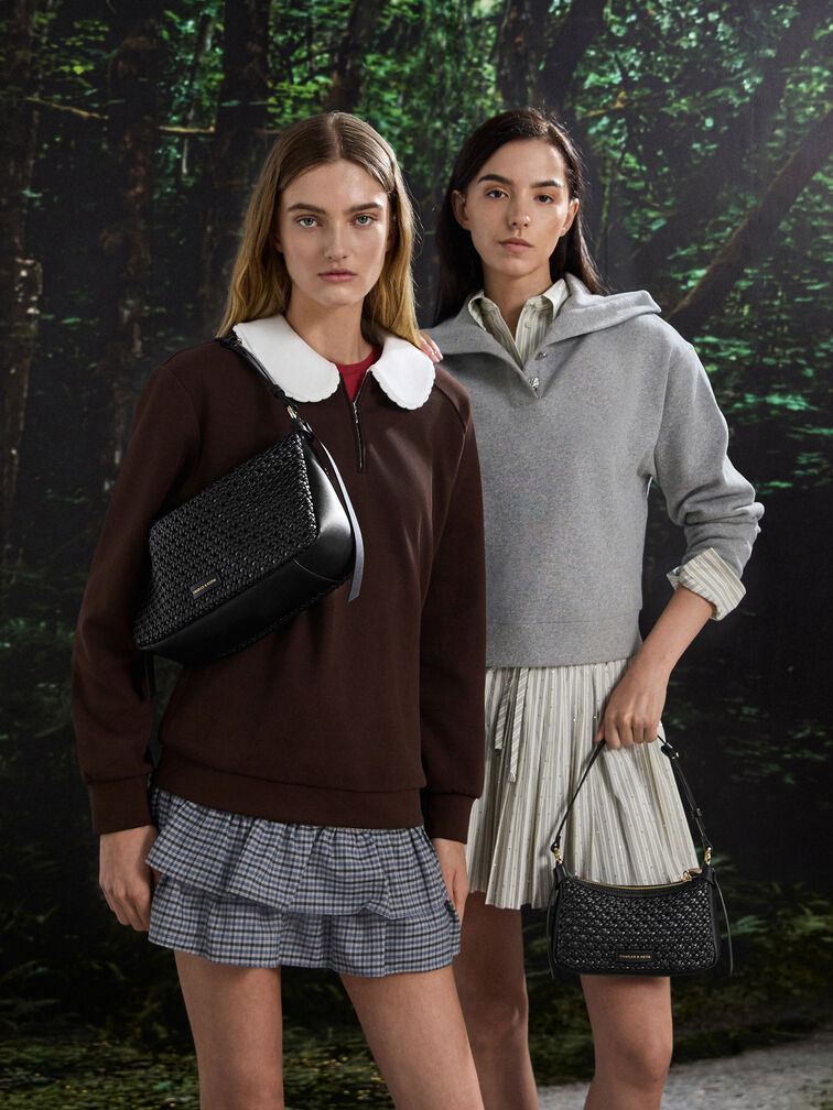 Mini Calla Woven Shoulder Bag, Black, hi-res