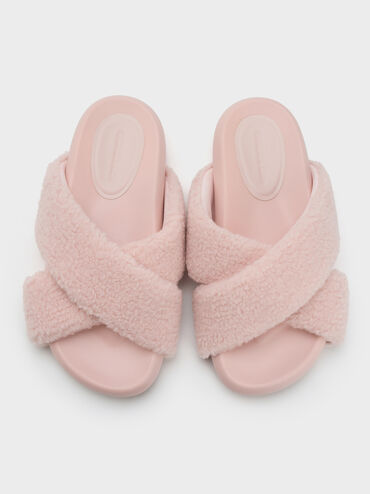 Lumi Faux Shearling Crossover-Strap Slide Sandals, Pink, hi-res