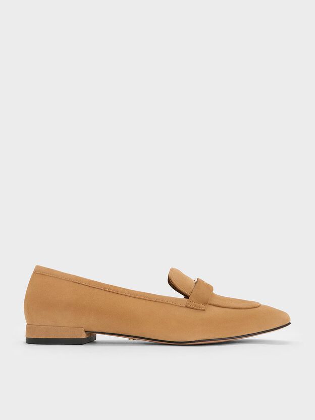 Suede Penny Square-Toe Loafers, Caramel, hi-res