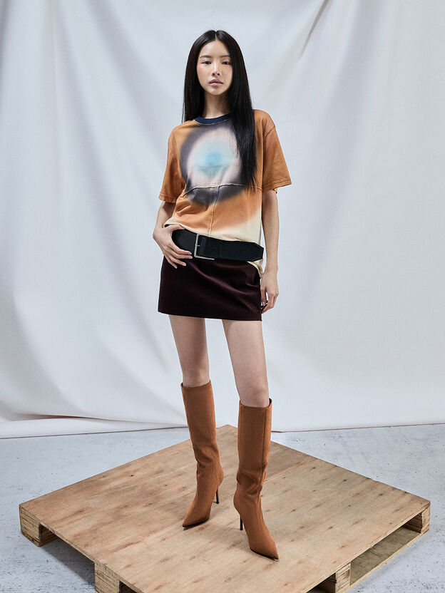 Faux Suede Pointed Stiletto Knee-High Boots, Cognac, hi-res