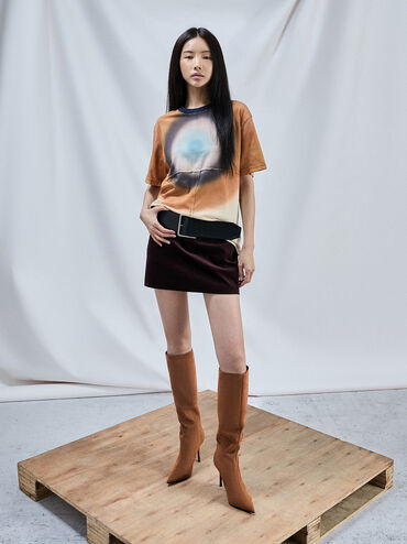 Faux Suede Pointed-Toe Stiletto-Heel Knee-High Boots, Cognac, hi-res
