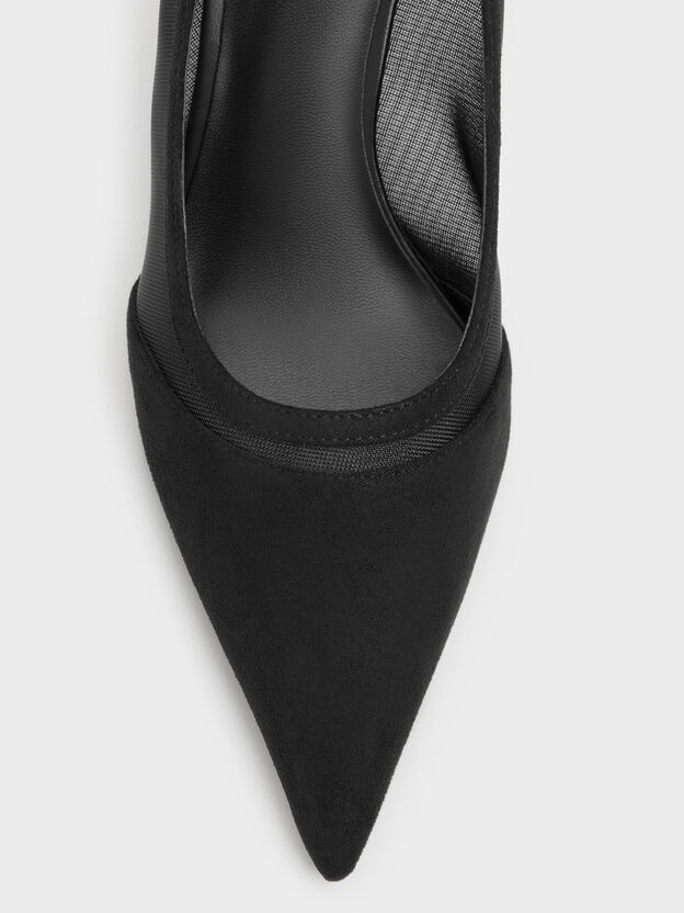 Faux Suede & Mesh Pointed Pumps, Black Textured, hi-res