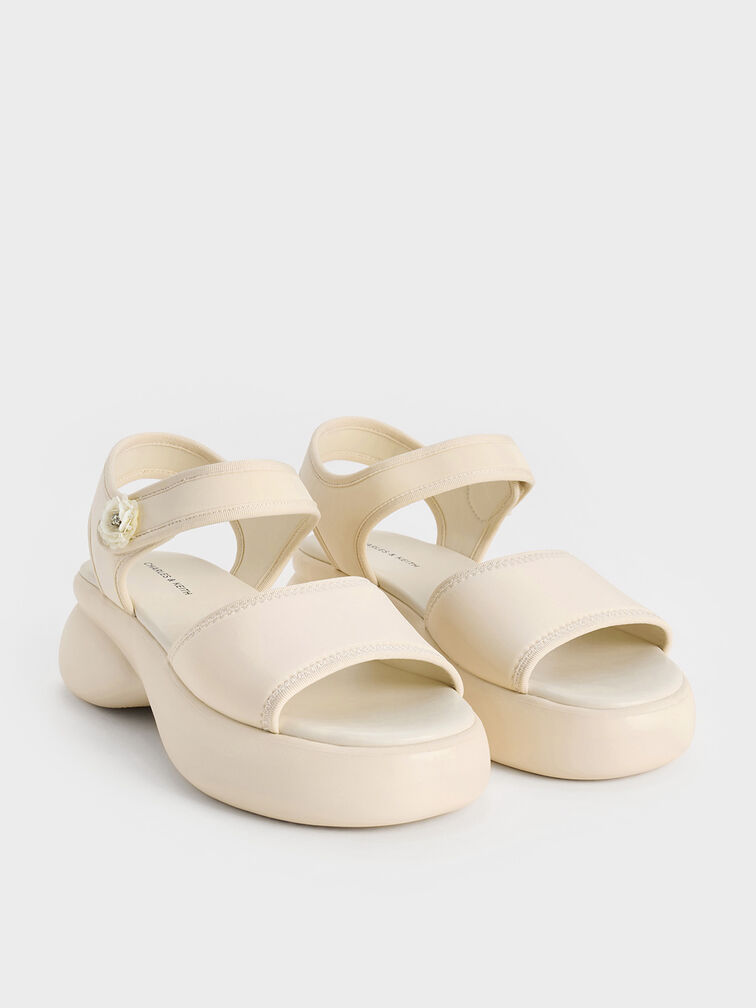 Flower-Buckle Platform Sports Sandals, Cream, hi-res