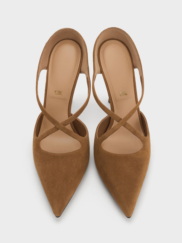 Kyra Suede Crossover-Strap Stiletto-Heel Mules, Brown, hi-res