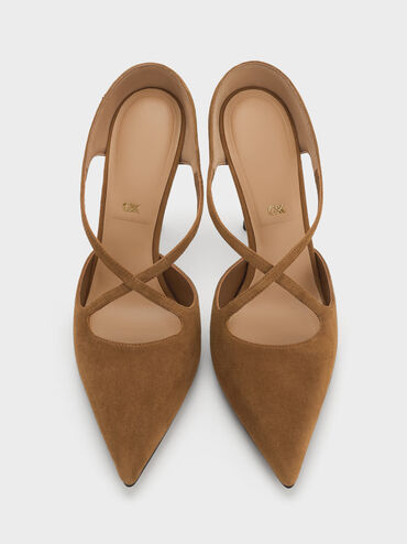 Kyra Suede Crossover-Strap Stiletto-Heel Mules, Brown, hi-res