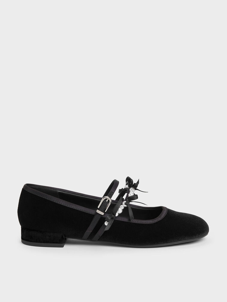 Noelie Velvet & Satin Pearl-Bow Mary Janes, Black Textured, hi-res