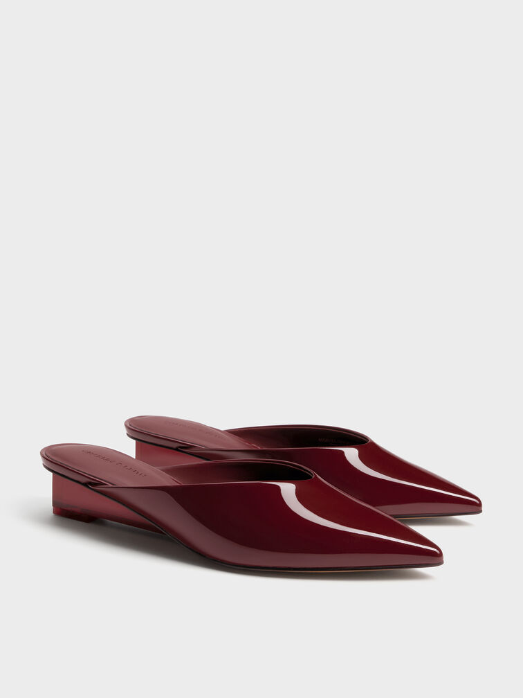Patent Translucent-Heel Wedge Mules, Burgundy, hi-res