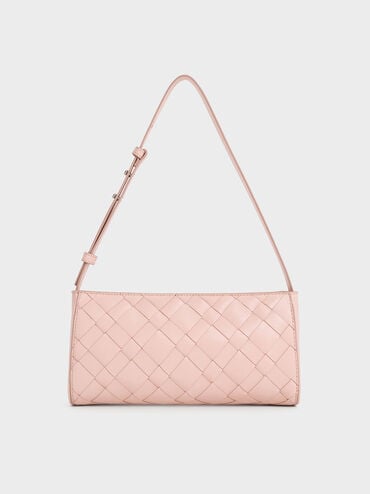 Ivette Woven Elongated Shoulder Bag, Light Pink, hi-res