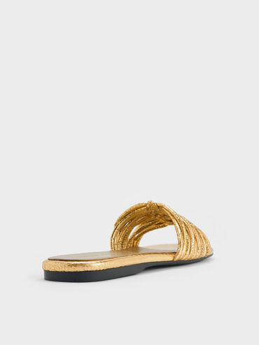 Metallic Crinkle-Effect Woven Slide Sandals, Gold, hi-res