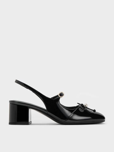 Patent Bow Crystal-Pearl Slingback Mary Jane Pumps, Black Patent, hi-res