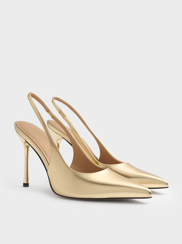 Metallic Leather Slingback Stiletto Pumps, Gold, hi-res