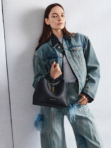 Chance Recycled Leather Turn-Lock Bucket Bag, Black, hi-res