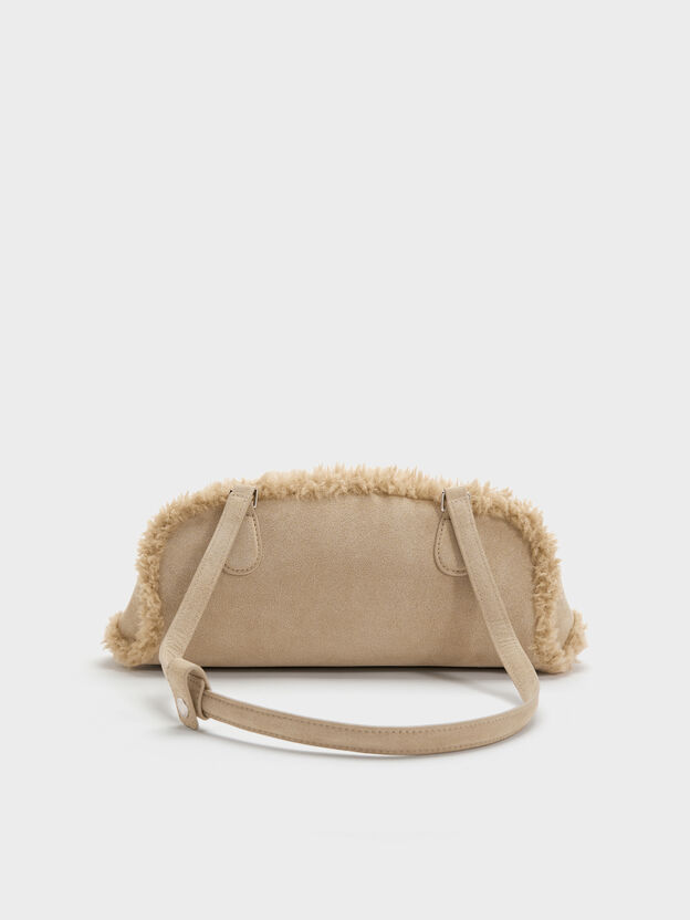 Nelly Faux Shearling Elongated Shoulder Bag, Nutmeg Beige, hi-res