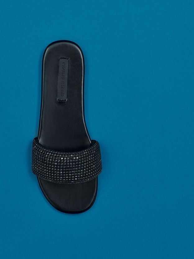 Faux Suede Crystal Slide Sandals, Black Textured, hi-res