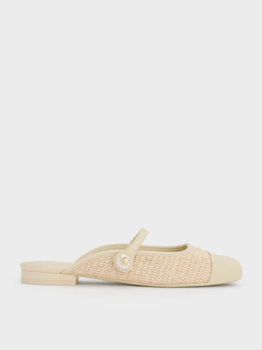 Aeryn Raffia Pearl-Embellished Slip-On Mary Janes, Cream, hi-res